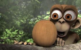 Monkey has found a coconut. He happily sets about trying to eat it only to discover that coconut eating is quite a tricky thing. Try as he might he cannot get through the hard shell of the coconut so he's gives up in frustration. The coconut however does not give up on Monkey and nature and gravity conspire to keep the coconut crossing Monkey's path. How will Monkey escape this hard-shelled menace?